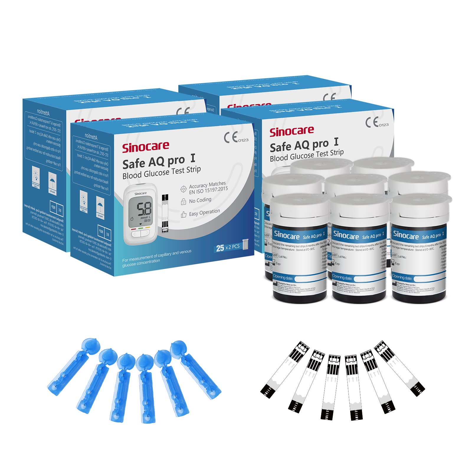 sinocare Safe AQ Pro I Blood Glucose Test Strips x 200 pcs, Diabetic Test Strips for Safe AQ Pro I Blood Glucose Monitor, Composite Silver Electrode Test Strips