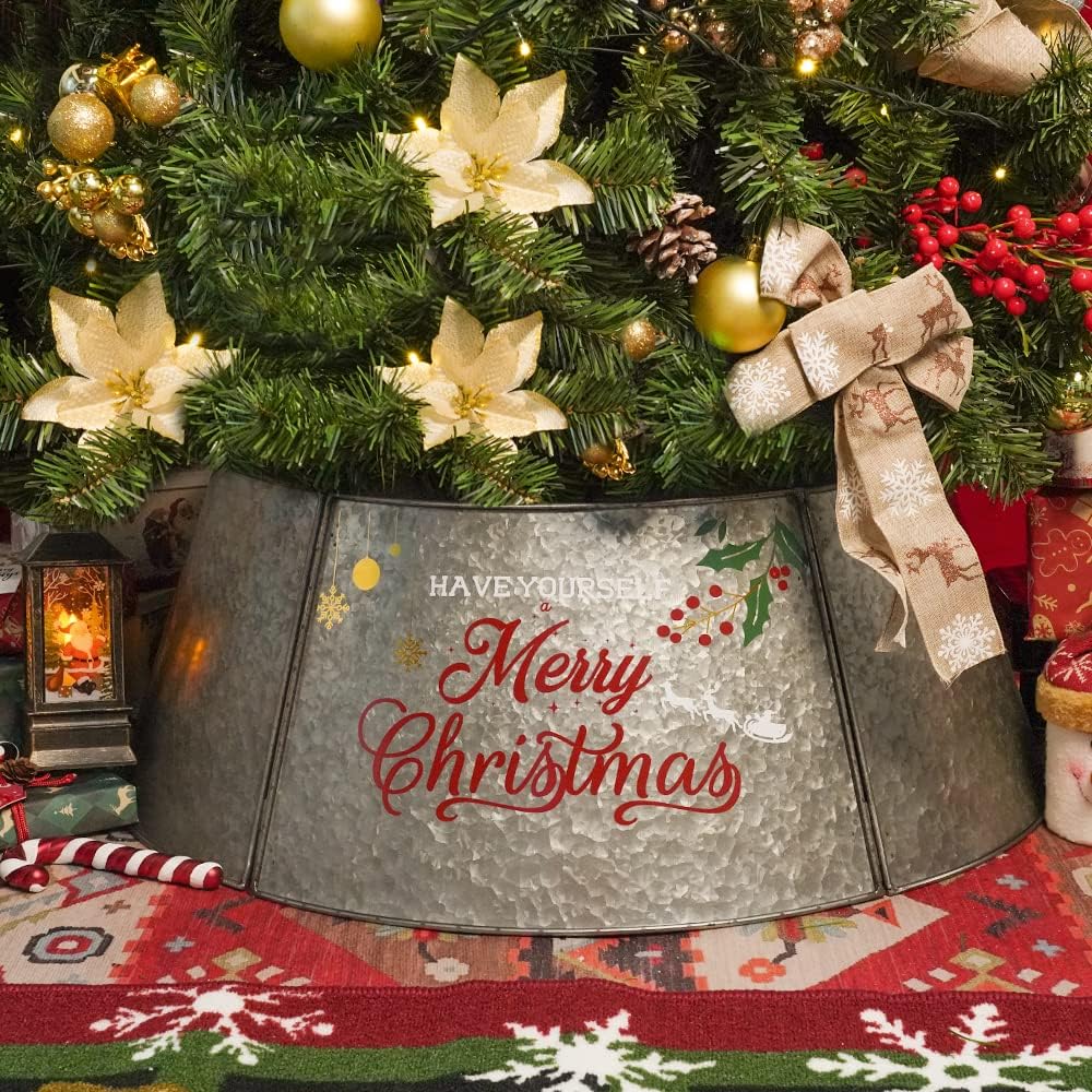 Tree Stands - Putuo Decor Galvanized Metal Christmas Tree Collar, 5-Panel Adjustable Tree Ring with Printed Merry Christmas, Farmhouse Christmas Decor Tree Stand Cover for Artificial Trees, 21