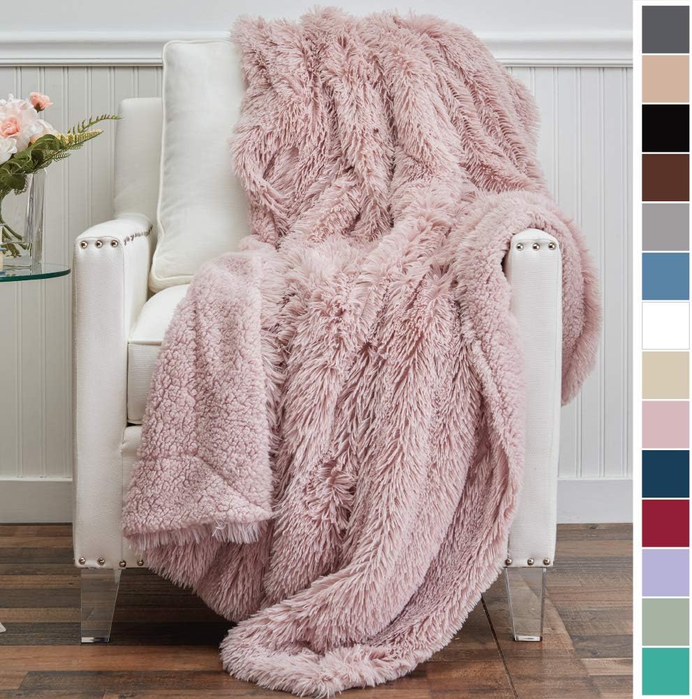 The Connecticut Home Company Shag with Sherpa Reversible Throw Blanket, Super Soft, Large Plush Wrinkle Resistant Blankets, Warm Hypoallergenic Washable Couch or Bed Throws, 65x50, Dusty Rose: Home & Kitchen