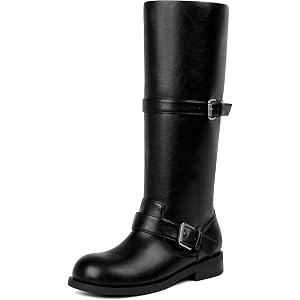 QIY Double Buckle Knee High Boots for Women Vintage Flat Riding Tall Boots | Pull On, Round Toe, Metal Buckle, Low Chunky Blo