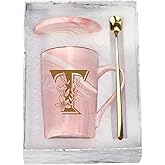 WENSSY Pink 14 Ounce Letter T with Flower Personalized Initial Mugs, Novelty Coffee Mugs for Women, Bridal Shower Gifts, Women's Initials Gifts, Dishwasher Safe, Real Gold Print, Durable