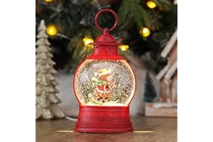 PESTILITE Christmas Snow Globes Skiing Highland Cow Decor Holiday Music Lantern with Glittering & 6-Hour Timer, USB/Battery Powered Red Christmas Decorations Indoor for Desk Display