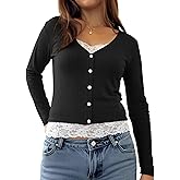 Womens Lace Long Sleeve Top Paneled Henley Shirts Y2k 2000s Fitted Going Out Tops Blouse