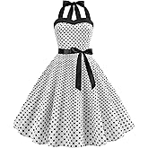 Women's 50s 60s Vintage Polka Dot Halter Neck Cocktail Swing Dress 1950s Audrey Hepburn Retro Style Rockabilly Prom Dress Knee Length Tie Waist Wedding Evening Gown Tea Party with Belt White Small