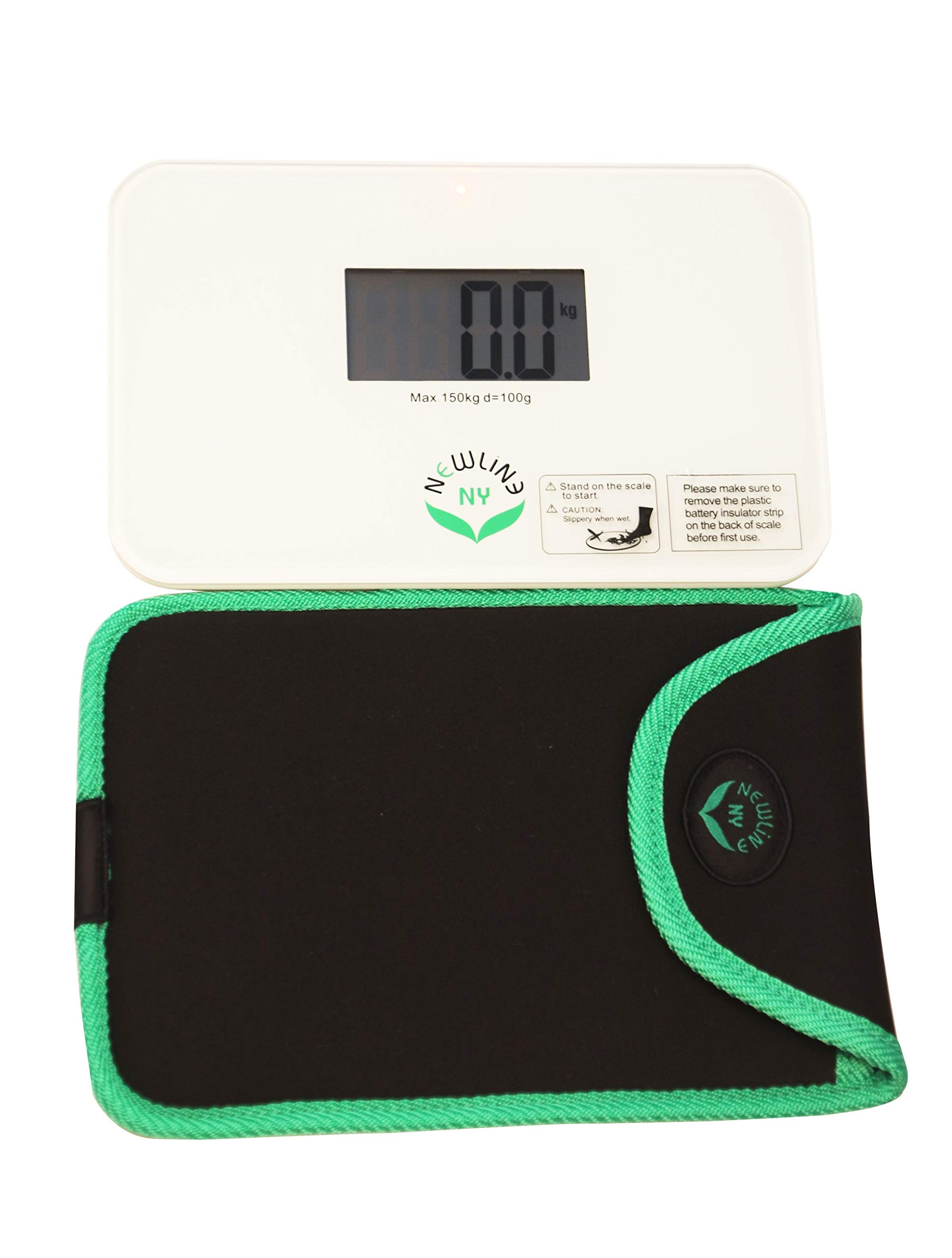 NewlineNY Step On Super Mini Smallest Travel Bathroom Scale with Protection Sleeve: NY-SMS-S001-BG + SBB0638SM-WH Off White