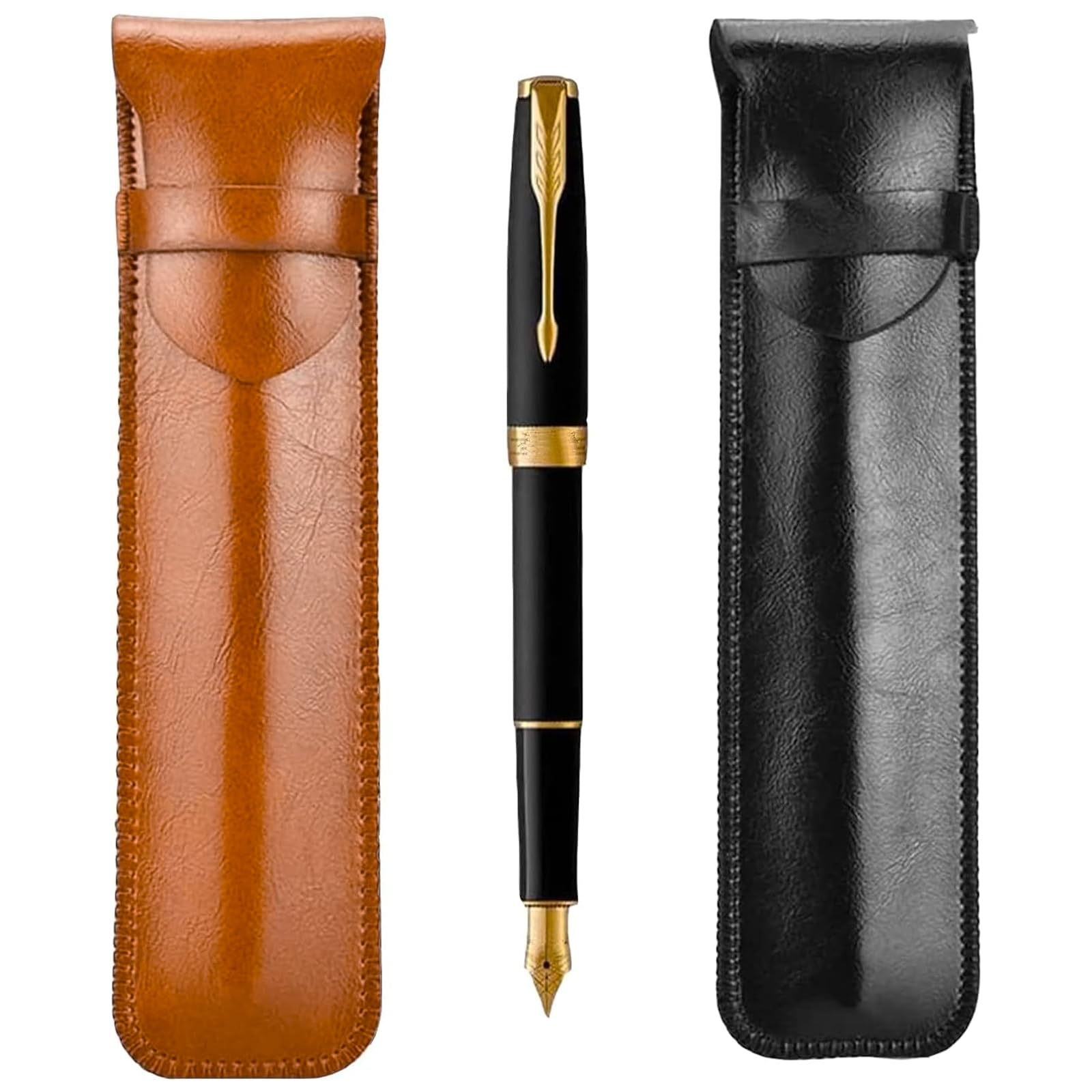 Zhenp Pack of 2 Genuine Leather Pencil Cases 15 x 4 cm / 5.9 x 1.57 Inches Fountain Pen Case for 1-3 Pens Protective Leather, Ballpoint Pen, Stylus (Black & Brown)