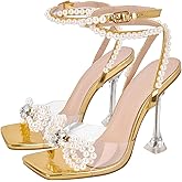 Yolkomo Women's Square Toe Clear Heels Sexy Rhinestone Bow Heels Open Toe Ankle Strap Stiletto High Heel Sandals