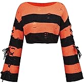 Verdusa Women's Ripped Lace Up Cropped Sweater Goth Lightweight Colorblock Pullover Knit Tops