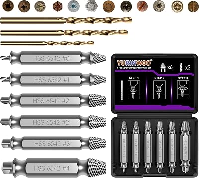 YURINWOO 9Pcs Damaged Screw Extractor Set 63-65HRC HSS 6542 Twist Drill