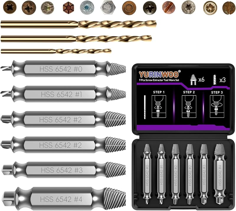 YURINWOO 9Pcs Damaged Screw Extractor Set 63-65HRC HSS 6542 Twist Drill
