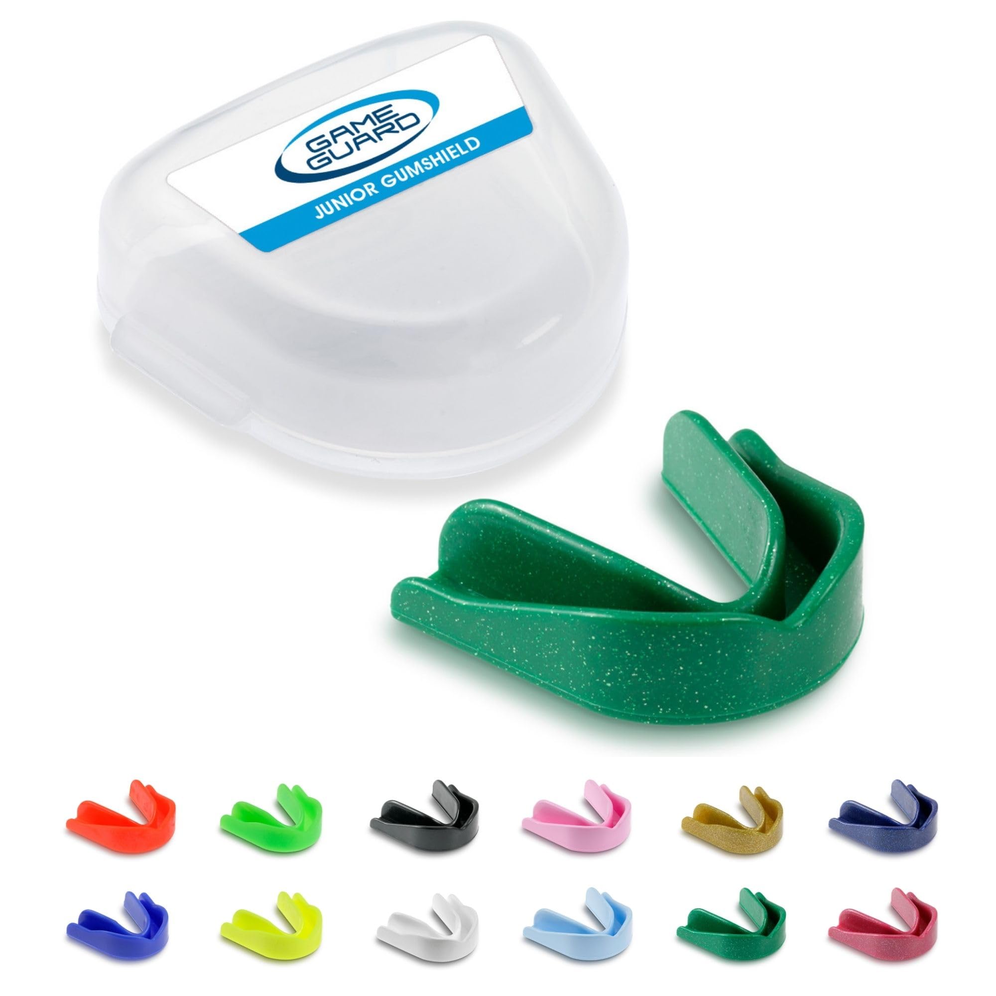 GAME GUARD Sports Mouthguard – Easy Fit Boil & Bite Gum Shield for Kids/Junior (Age 8+) – Mouth Guard for Rugby, Hockey, GAA – Ideal for Schools and Clubs (Green Sparkle)