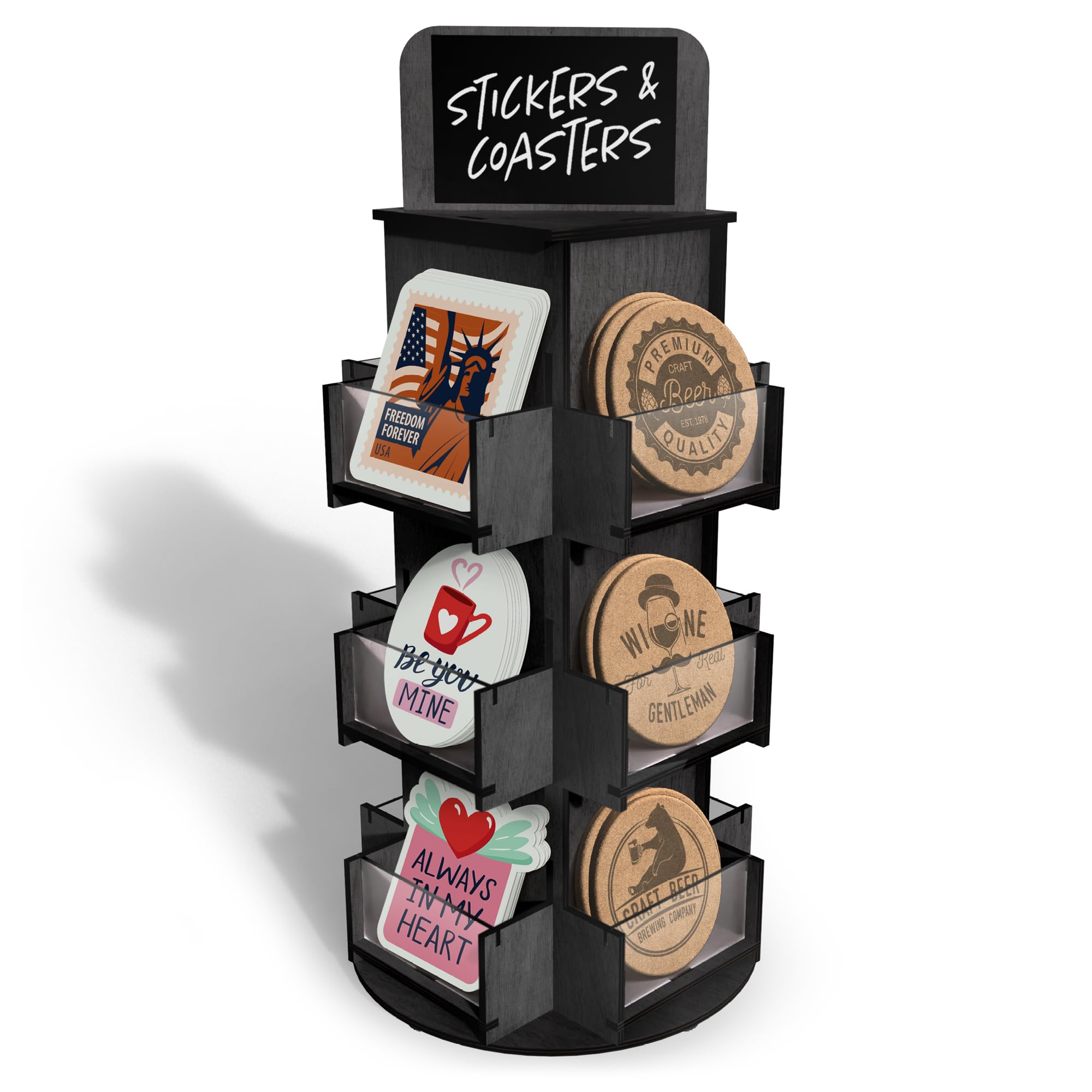 Photo 1 of DS THE DISPLAY STORE 3 Tier Rotating Sticker Display Stand for Vendors, Black Wooden Countertop Organizer Shelf for Coasters, Retail, Showcase, Tradeshow