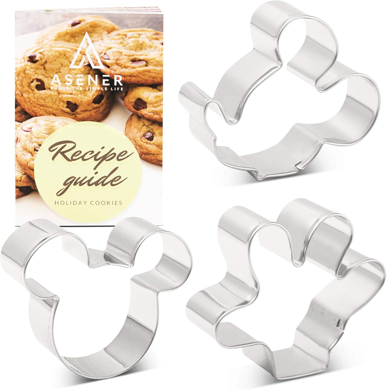 Asener Mickey Mouse Cookie Cutters Set [3-Piece] - Tin Plated Steel, Perfectly Designed, Mickey Mouse Ears, Mickey Side Face and Palm, 3 inch Durable Cookie Cutter with Recipe Book
