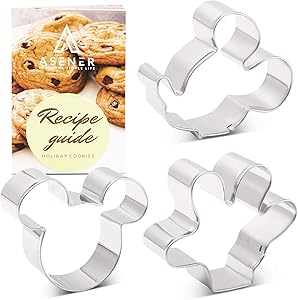 Asener Mickey Mouse Cookie Cutters Set [3-Piece] - Tin Plated Steel, Perfectly Designed, Mickey Mouse Ears, Mickey Side Face and Palm, 3 inch Durable Cookie Cutter with Recipe Book