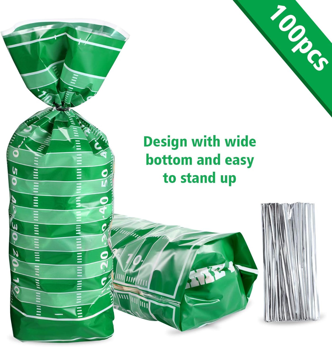 Blulu 100 Pcs Football Goodie Bags Football Cellophane Snack Bags Plastic Heat Sealable Candy Cellophane Treat with Silver Twist Ties Sports Party Favor for Foot Ball Theme Birthday Party Decorations - Image 4