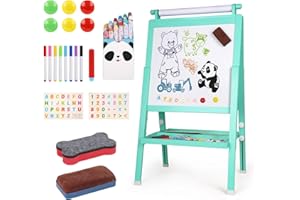 AGIRLGLE Foldable Wooden Kids Easel with Paper Roll Children's Art Easel for Kids Double-Sided Whiteboard & Chalkboard Standing Easel Kids Educational Painting and Drawing Easel with Bonus Other Accessories