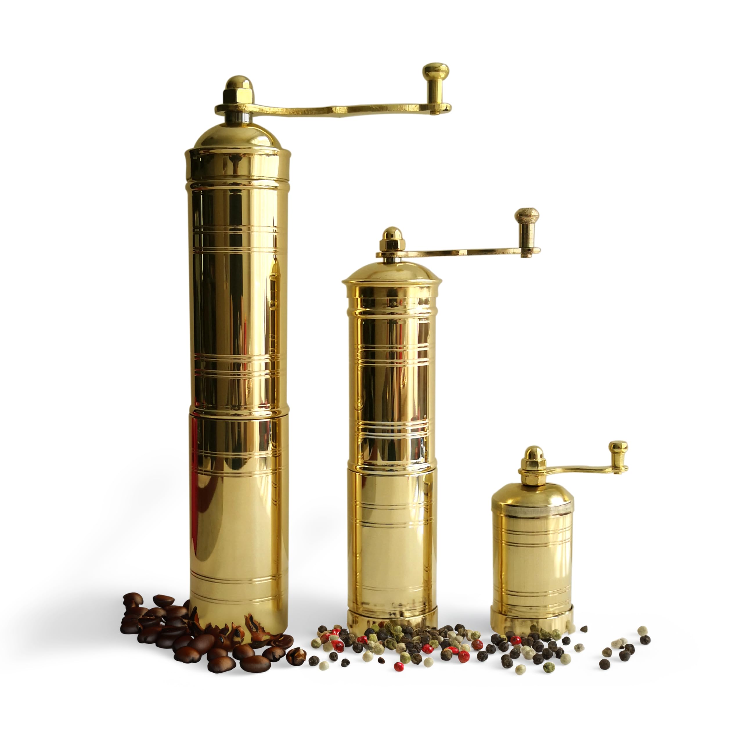 Photo 1 of Set of Three Turkish Manual Coffee Grinders, Brass Coffee Mill with Handle, Fixed Top Pepper Grinder, Kitchen Decor