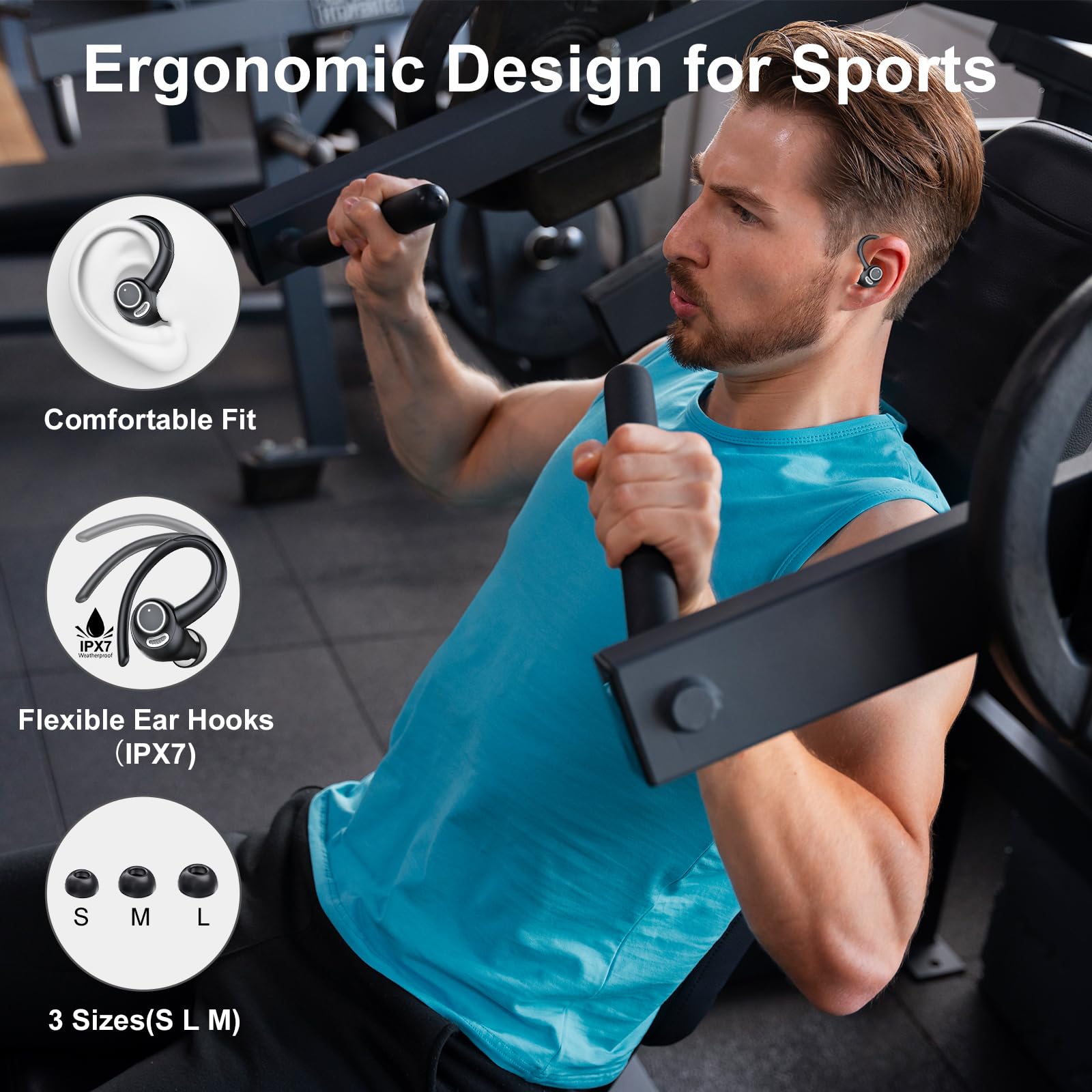 Csasan Headphones Wireless Earbuds Sport, Bluetooth 5.3 Over Ear Buds Stereo Deep Bass Headset with Earhooks, 48H Wireless Earphones with HD Mic, IP7 Waterproof Earbud for Sports/Running/Workout - Image 2