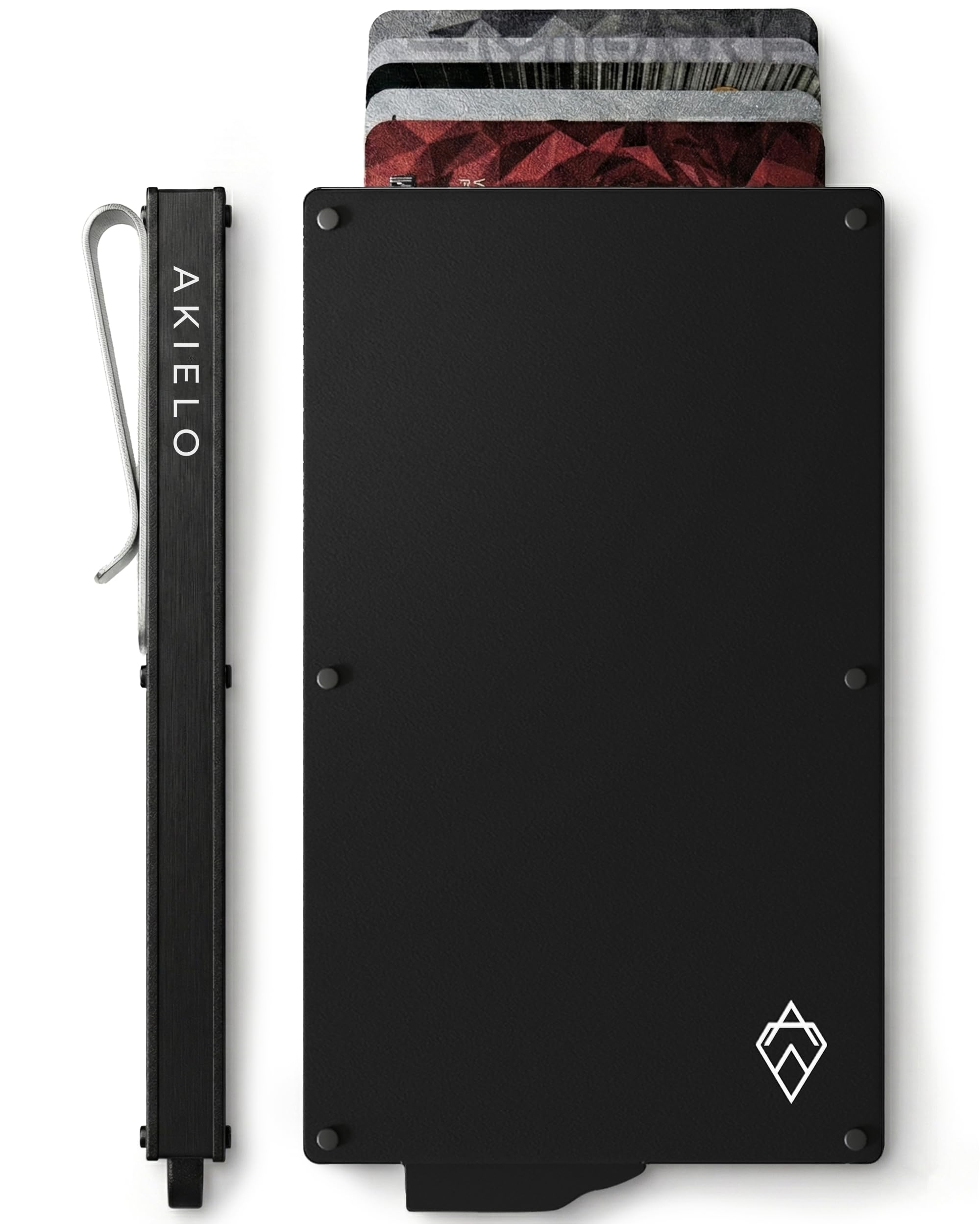 AKIELO RFID Card Holder Wallet with Money Clip & Gift Box – Slim Metal Card Wallet for Men – RFID Blocking Contactless Credit Card Protector – Minimalist Pop Up Design (Alpha - Black Clip Edition)