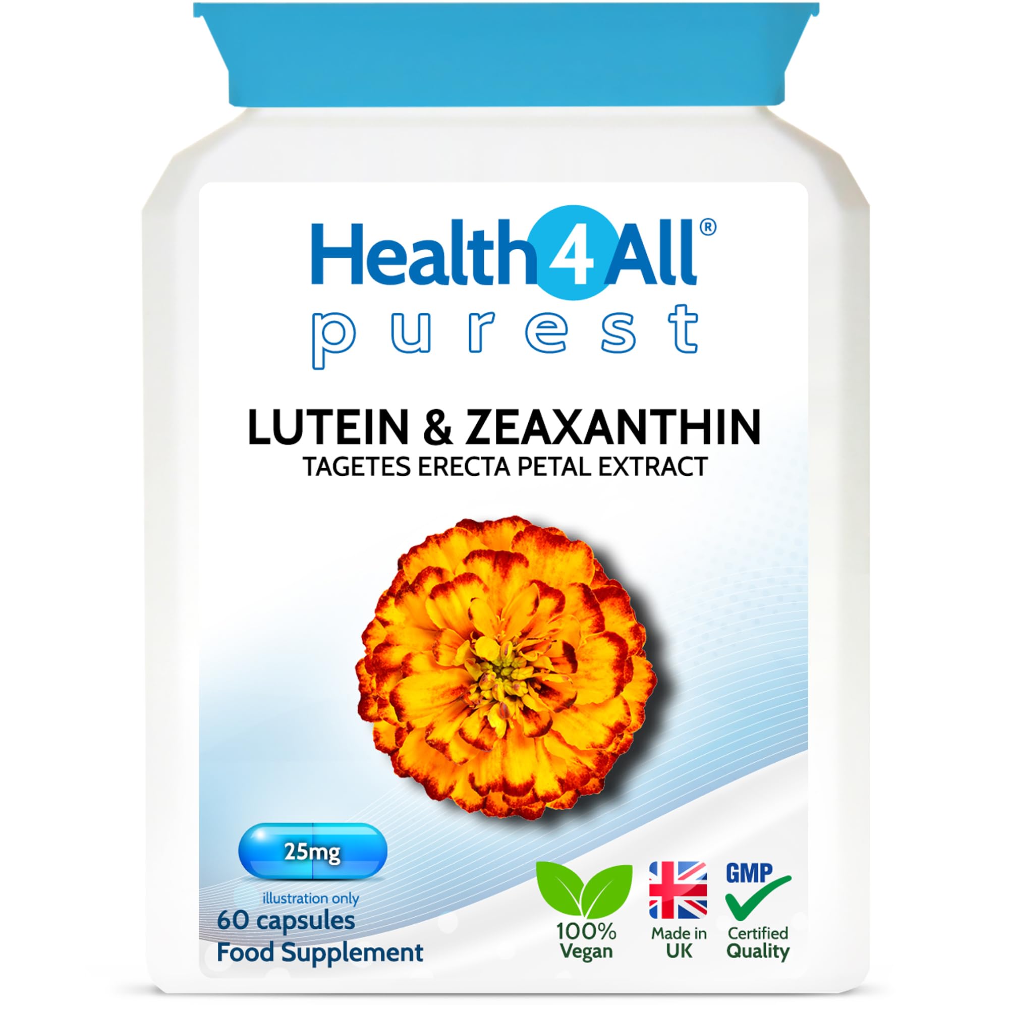 Health4All Lutein and Zeaxanthin Supplement 25mg per Capsule, 60 Capsules 2 Months Supply, Purest Eye Health Marigold Extract Supplement, Natural Eye Vitamins for Vision Care | Made in UK