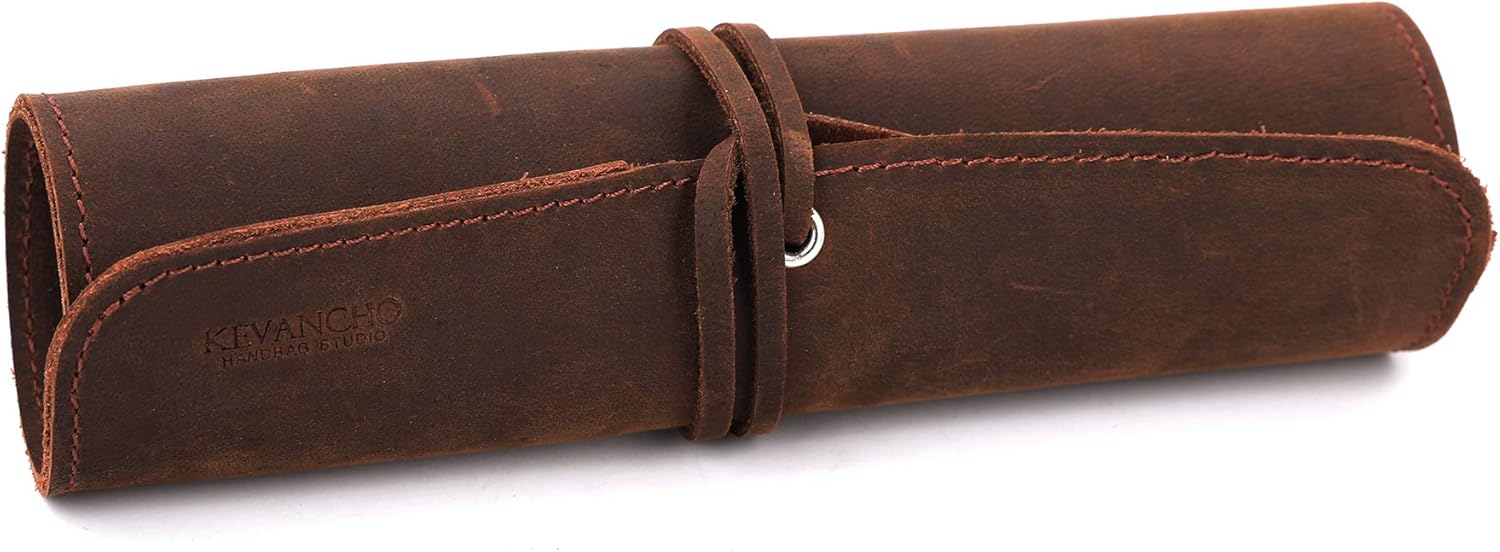 Jagucho Leather Pencil Pouch Case, Roll Pen Bag Storage Holder Organizer Wrap for Boys Girls, School Office Work (L, Brown)