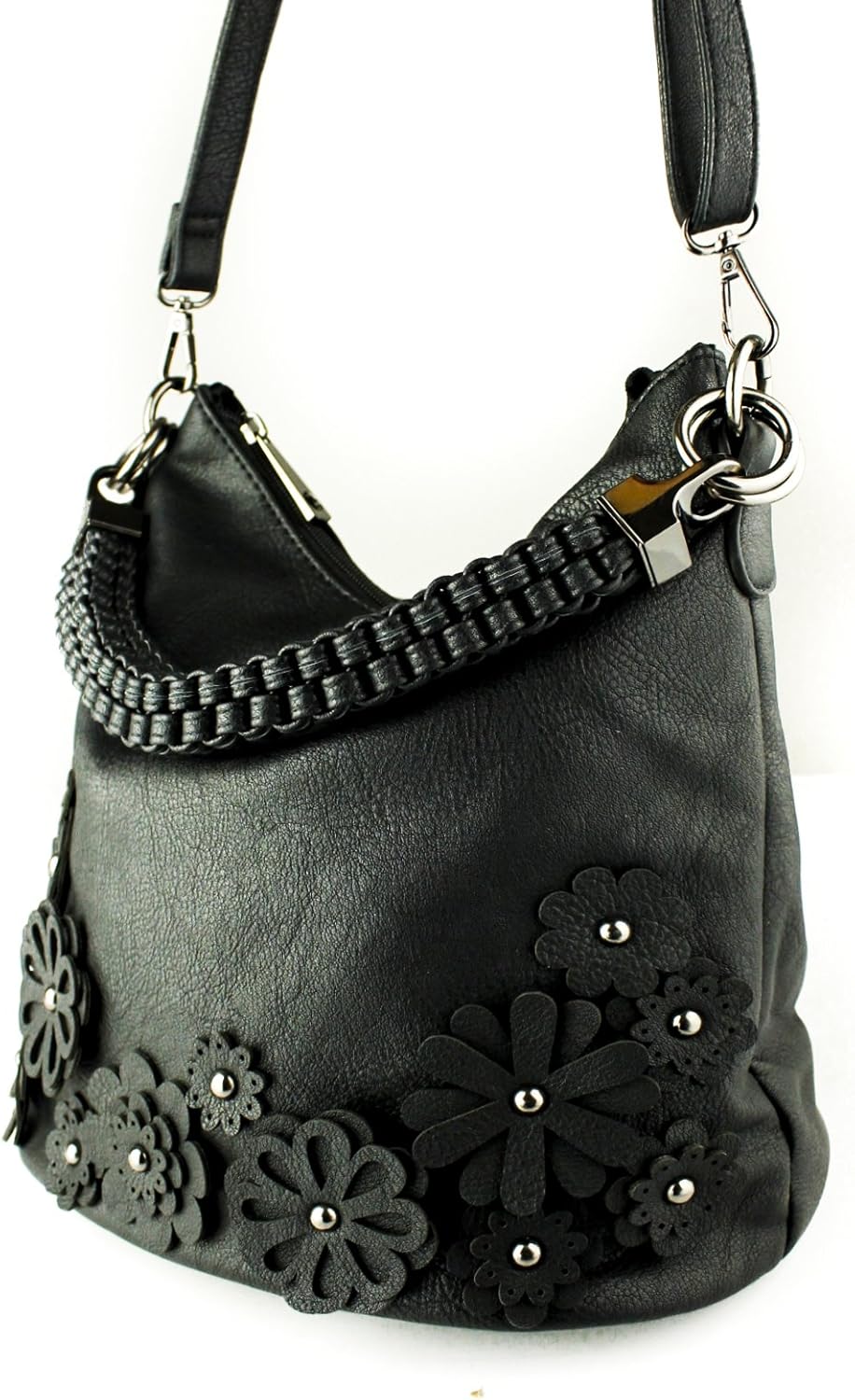 Redfox Womens Braided Handle Strap 3D Effect Floral Hobo Tote Bag/Shoulder Handbag, Black - Image 4