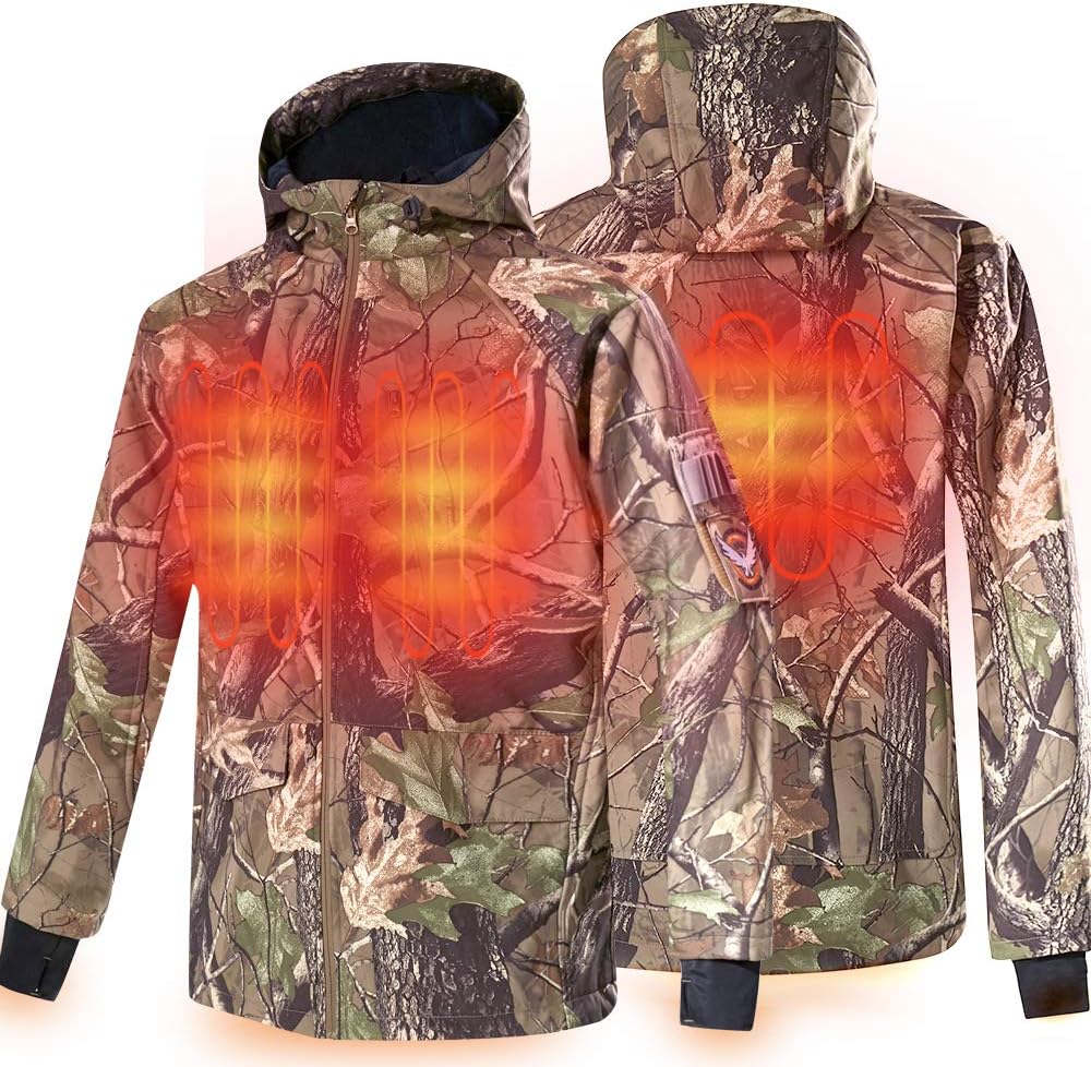CONQUECO Men's Soft Shell Heated Jacket Waterproof Camo Hunting Hoodie Jacket in Winter