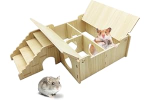 HAMILEDYI Wooden Hamster Hideout Tunnel Multi-Chamber House Hiding Hut Maze Platform Habitats Exploring Toys for Gerbil Rat Mice