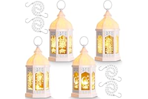 Retisee 4 Pcs 7" Ramadan Large Eid Mubarak Lantern Moon Star Hanging LED Lantern with Hanging Chain for Home Patio Table Wedding Centerpiece Festival Decoration(White)
