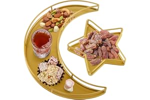 ANPHSIN Moon Star Shaped Trays - 2 PCS Ramadan Metal Serving Dishes for Eid Mubarak, Islam Muslim Eid Al-Fitr Iftar Party Crescent Iron Platters Table Decoration Ornament, Food Pastry Dessert Display Holder