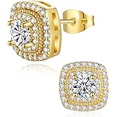 KETRYEP 18k Gold Nugget Earrings for Men Cubic Zirconia Square Earrings for Men Women Hypoallergenic Jewelry