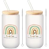 Honeydak 2 Sets Valentines Day Teacher Gifts Thank You Glass Cups End of The Year Appreciation Tumbler with Lid and Straw, 16 oz Thank You for Being Part of My Story Coffee Mugs