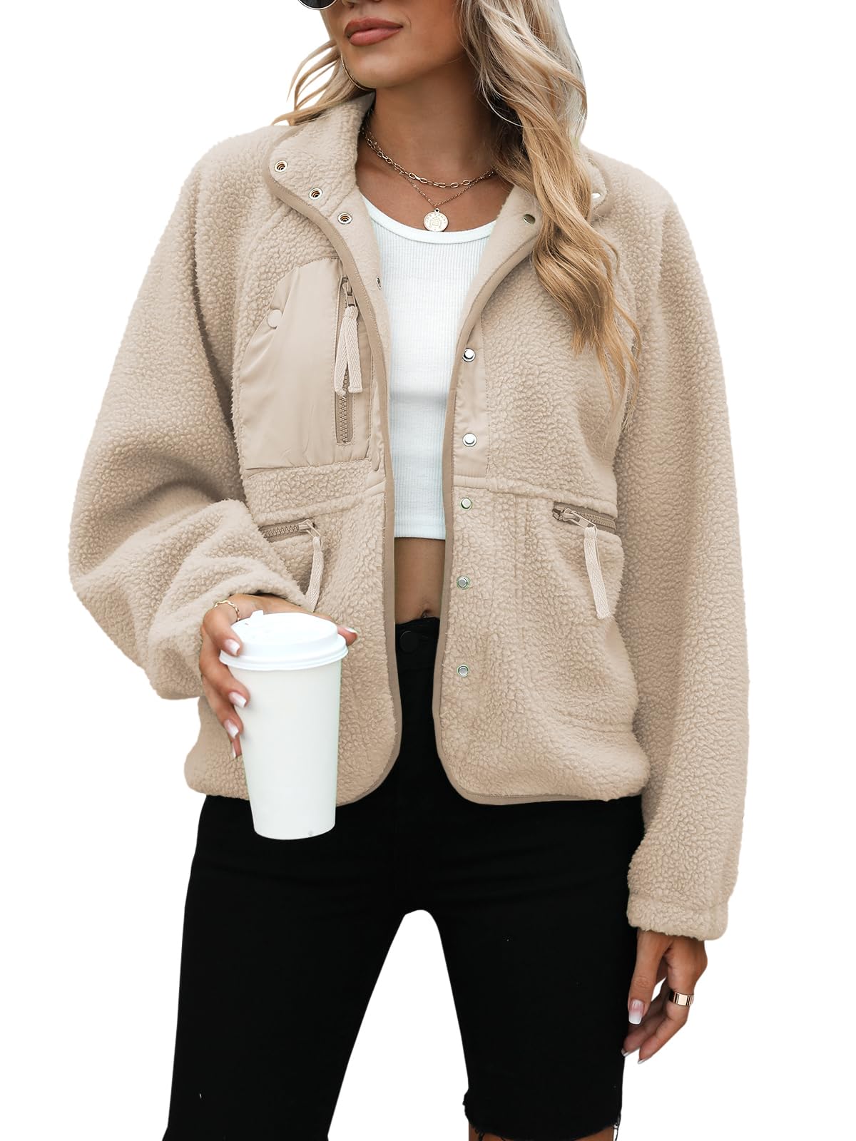 Photo 1 of Yanekop Womens Fleece Jacket Fuzzy Long Sleeve Short Winter Coats Button Down Sherpa Jacket Outerwear with Pockets(A Apricot,M)