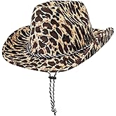 TOPORTY Leopard Print Cowboy Hat Wide Brim Western Cowgirl Hats with Adjustable Lanyard Cowboy Style Hat for Men and Women