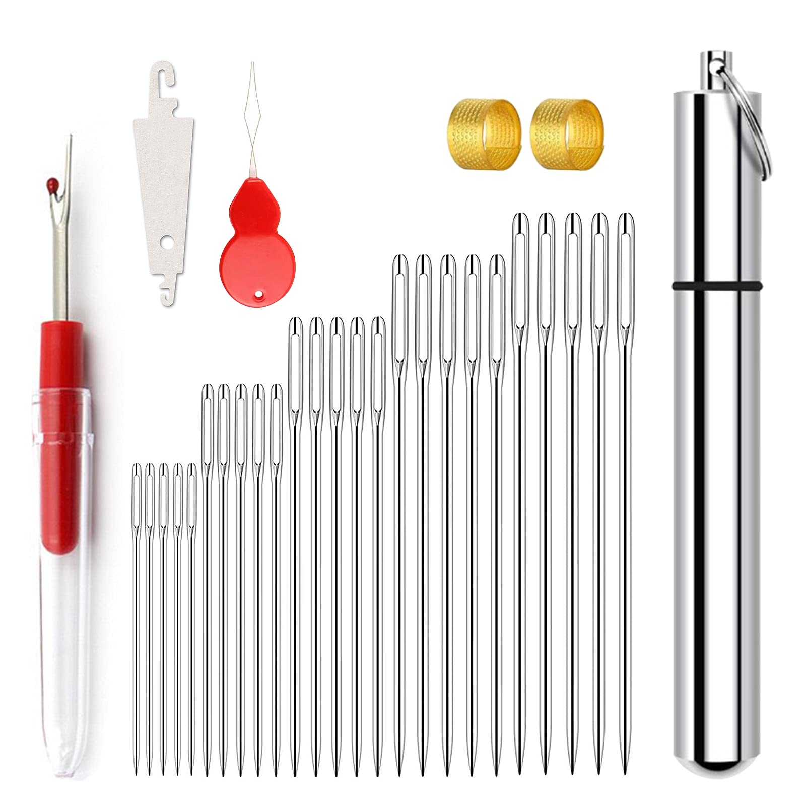 Redamancy Large Eye Needles, Hand Sewing Needles, 25 Pcs Sharp Sewing Needles Easy Thread, 5 Sizes Big Eye Embroidery Needles in Aluminum Storage Tube, 1 Seam Rippers, 2 Thimble, 2 Needle Threaders