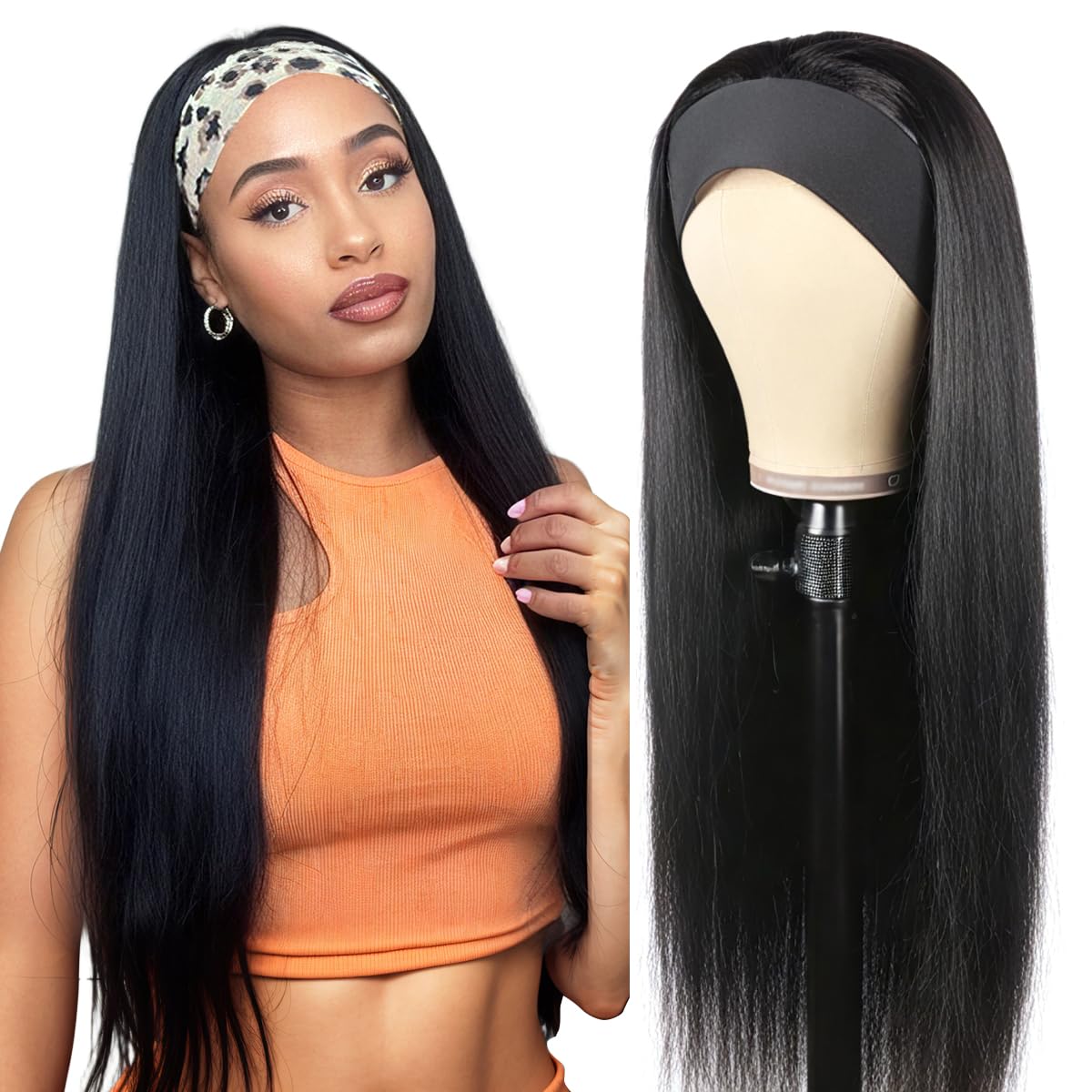Photo 1 of Unvizossa Headband Wig Human Hair Straight 18 Inch Headband Wigs for Black Women Glueless None Lace Front Wig Brazilian Virgin Human Hair Wigs Natural Color 150% Density