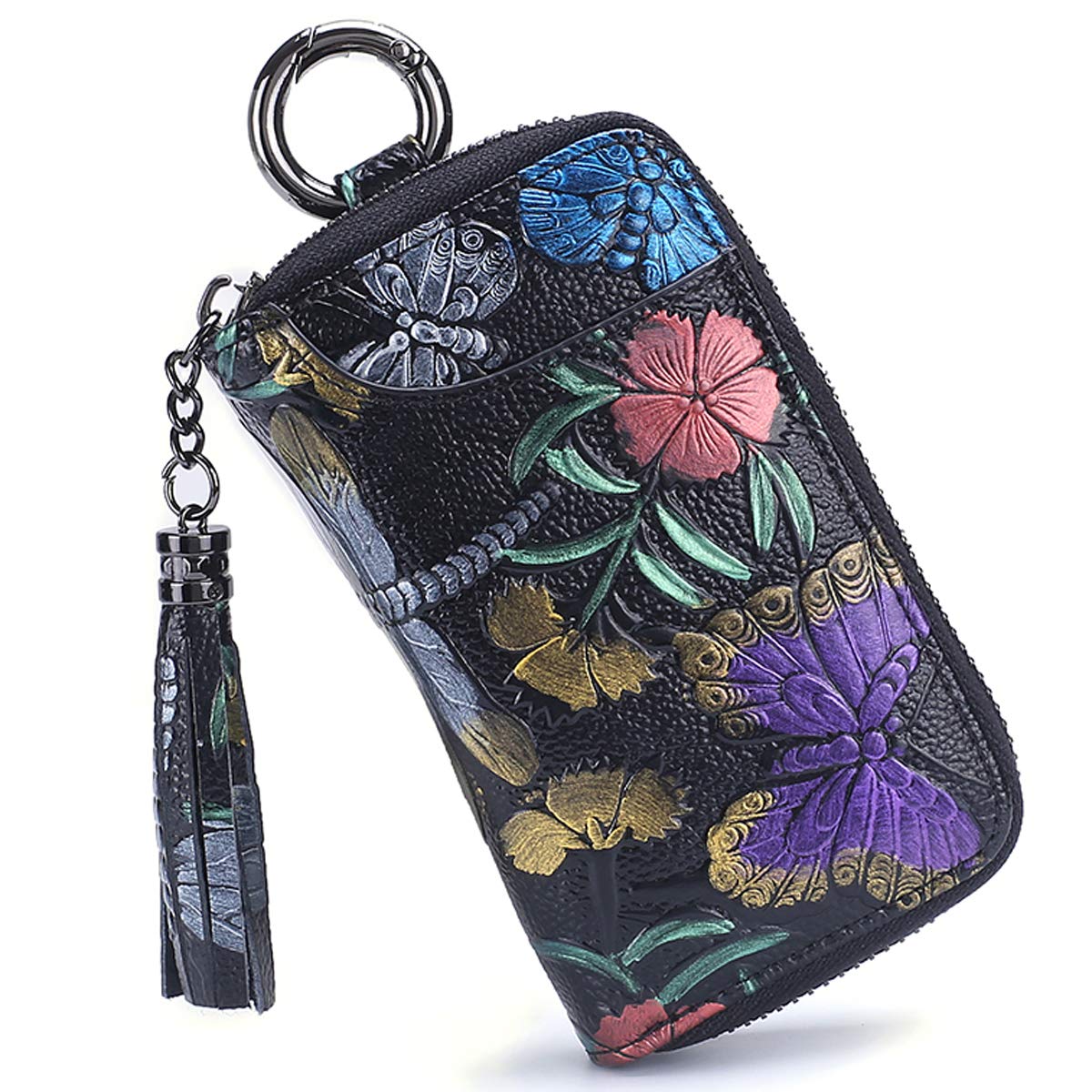 Aileder Key Wallets for Women Ladies Leather Key Pouch Keyring Purse Wallet Hand Painted Flowers Car Key Case Holder with 8 Key Hooks Card Slots Tassel Zipper (Butterfly)