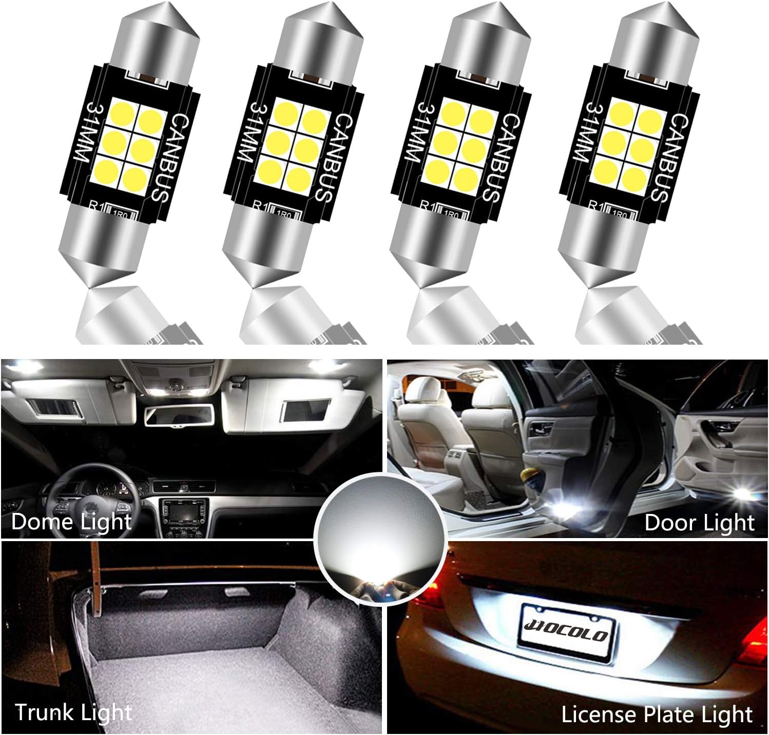 HOCOLO 4x CanBus Festoon 31mm LED Bulb For Interior Car Lights Dome/Map/License Plate/Parking/Door/Trunk/Courtesy Lamp -Error Free LED DE3175 DE3021 DE3022 White (4pcs Canbus Festoon 31mm-5050-6SMD)