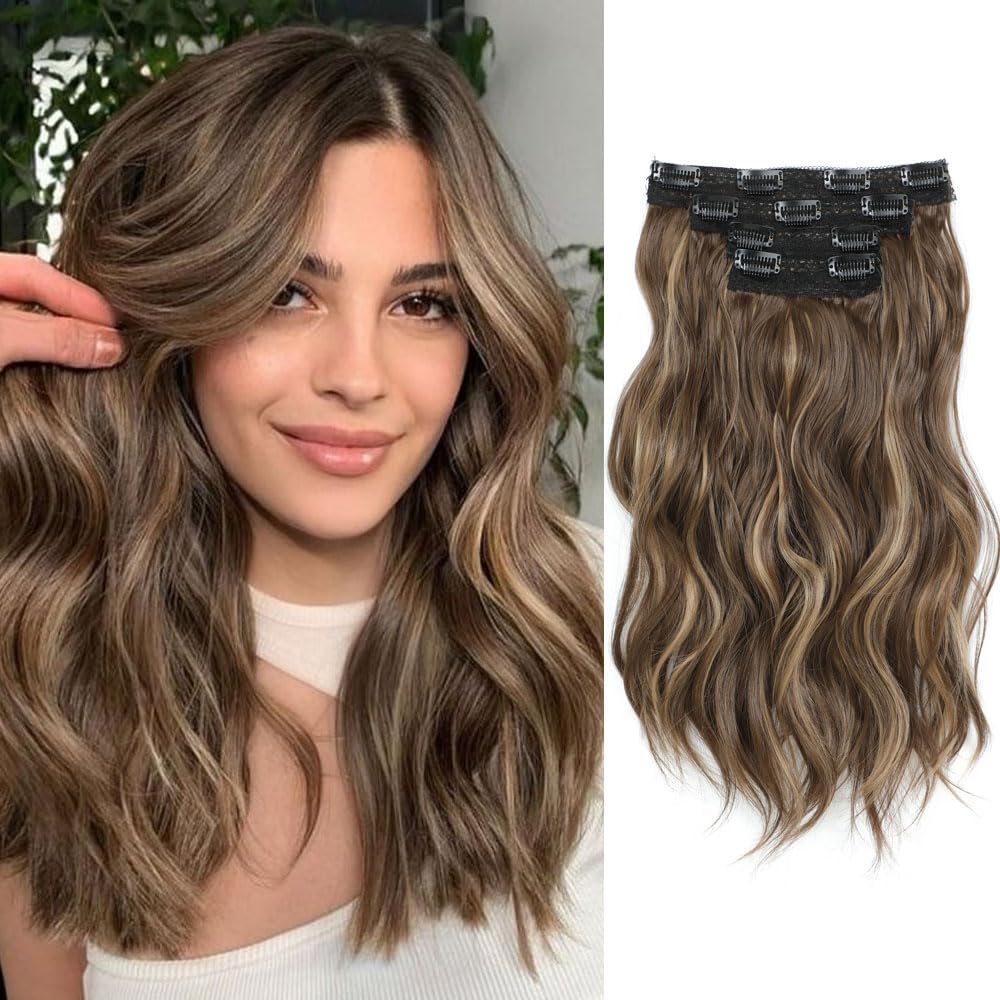 Fine Plus Synthetic Wavy Curly Clip in Hair Extensions, 14Inch, 4PCS, Light Brown with Highlights