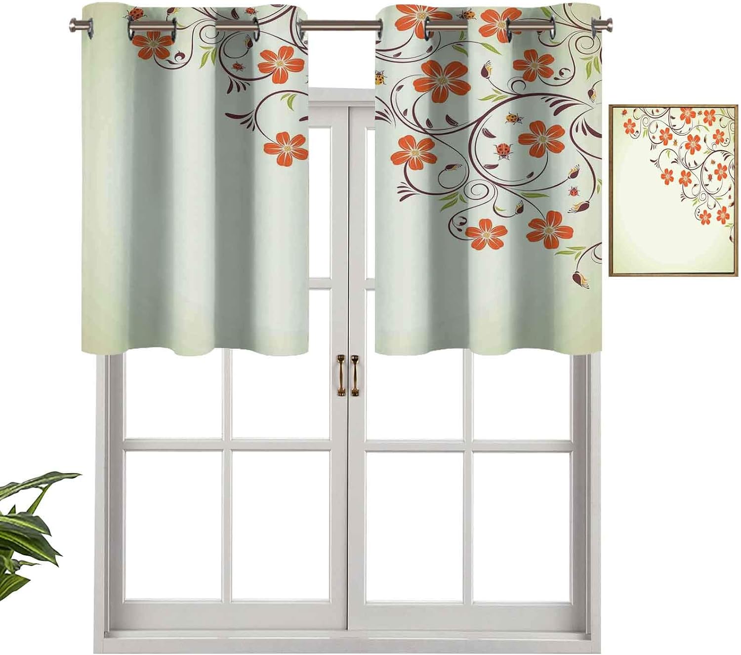 Hiiiman Cortina corta con ojales para ventana, marco de flores con