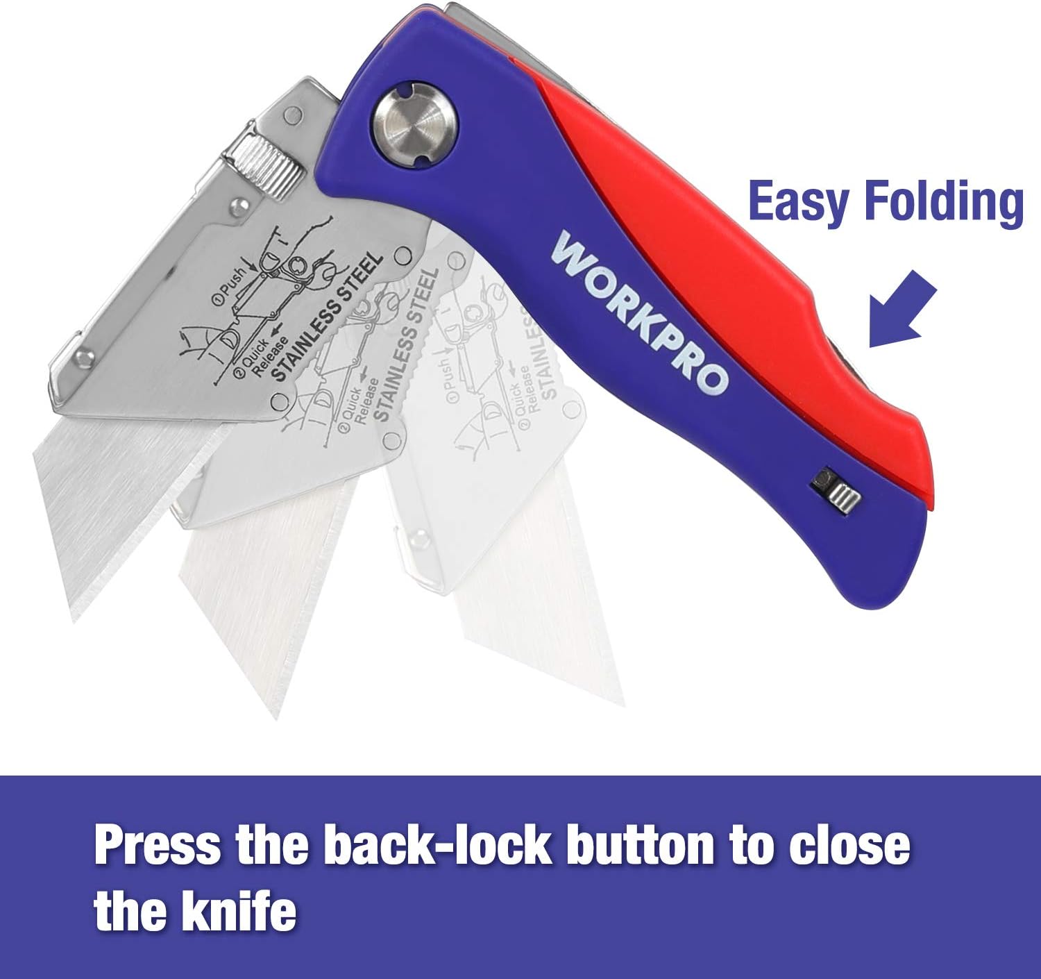 WORKPRO Folding Utility Knife Quick-change Box Cutter, 15 Blades Included, 5 Blades in Handle and 10 Extra Blades in Small Box, SK5 Blades, 1-Pack - - 