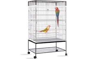 Daoeny Bird Cage Seed Catcher, Large Bird Cage Cover, Adjustable Soft Airy Nylon Mesh Net, Birdcage Cover Skirt Seed Guard for Parrot Parakeet Macaw African Round Square Cages (White)