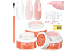 modelones Builder Nail Gel 3 Colors, 10-in-One Builder Clear Nude Pink Hard Gel Nail Kit with Dual End Brush, Acrylic Clamps, Paper Forms for Extension Apex Building Sculpting LED Cured