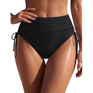 Blooming Jelly Womens High Waisted Bikini Bottoms Full Coverage Swim Bottom | Tummy Control, Side Tie, String, Black Swimsuit