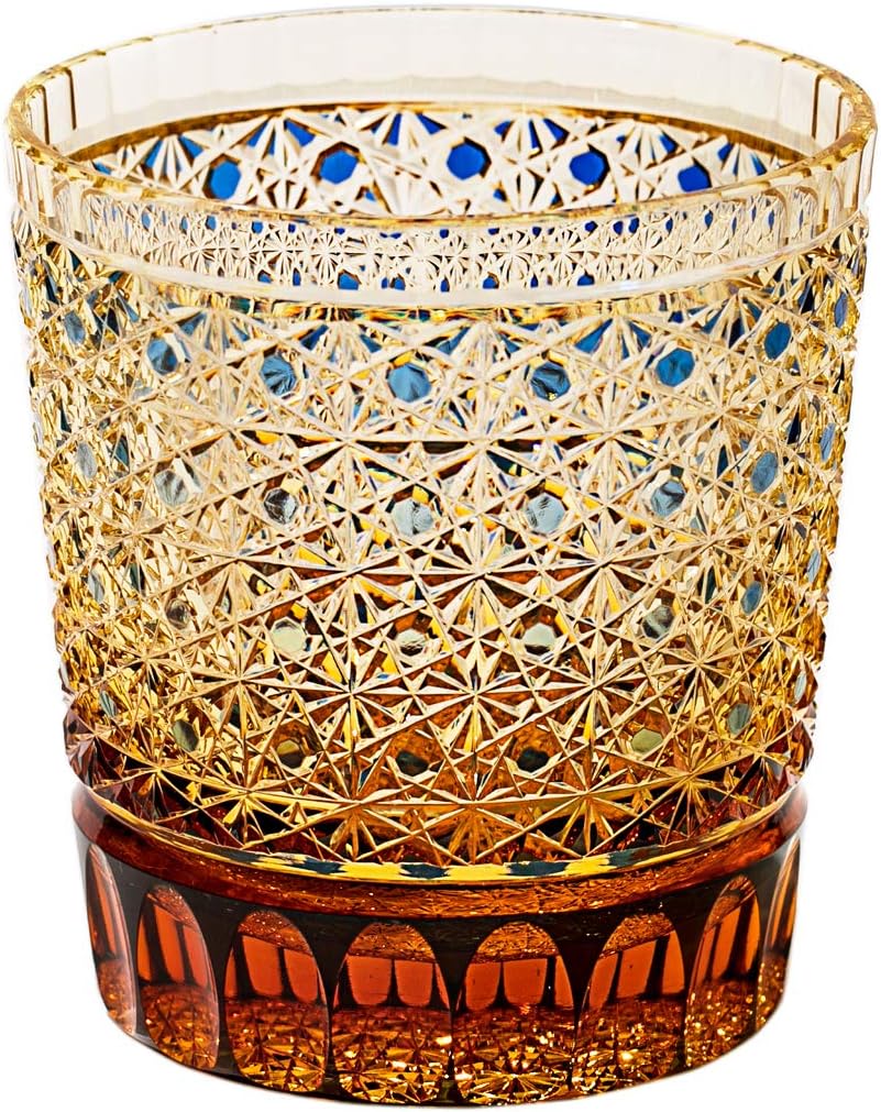 Japanese EdoKiriko (Cut Glass) Crystal Whiskey Glass ChrysanthemumMeshPattern