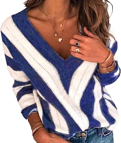 Amazon Co Jp 女性用vネックストライプニットプルオーバーセータールーズニットジャンパー レディースカジュアルvネックニットシャツトップス女性用ルーズストライプセータージャンパーブラウス ホーム キッチン