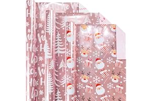 Burymento Christmas Wrapping Paper, Reversible Pink Christmas Tree, HO Santa Laughter, Snowflake, Reindeer, Design Gift Wrapping Paper Suitable for Holiday, Mini Roll (17 Inch X 120 Inch)