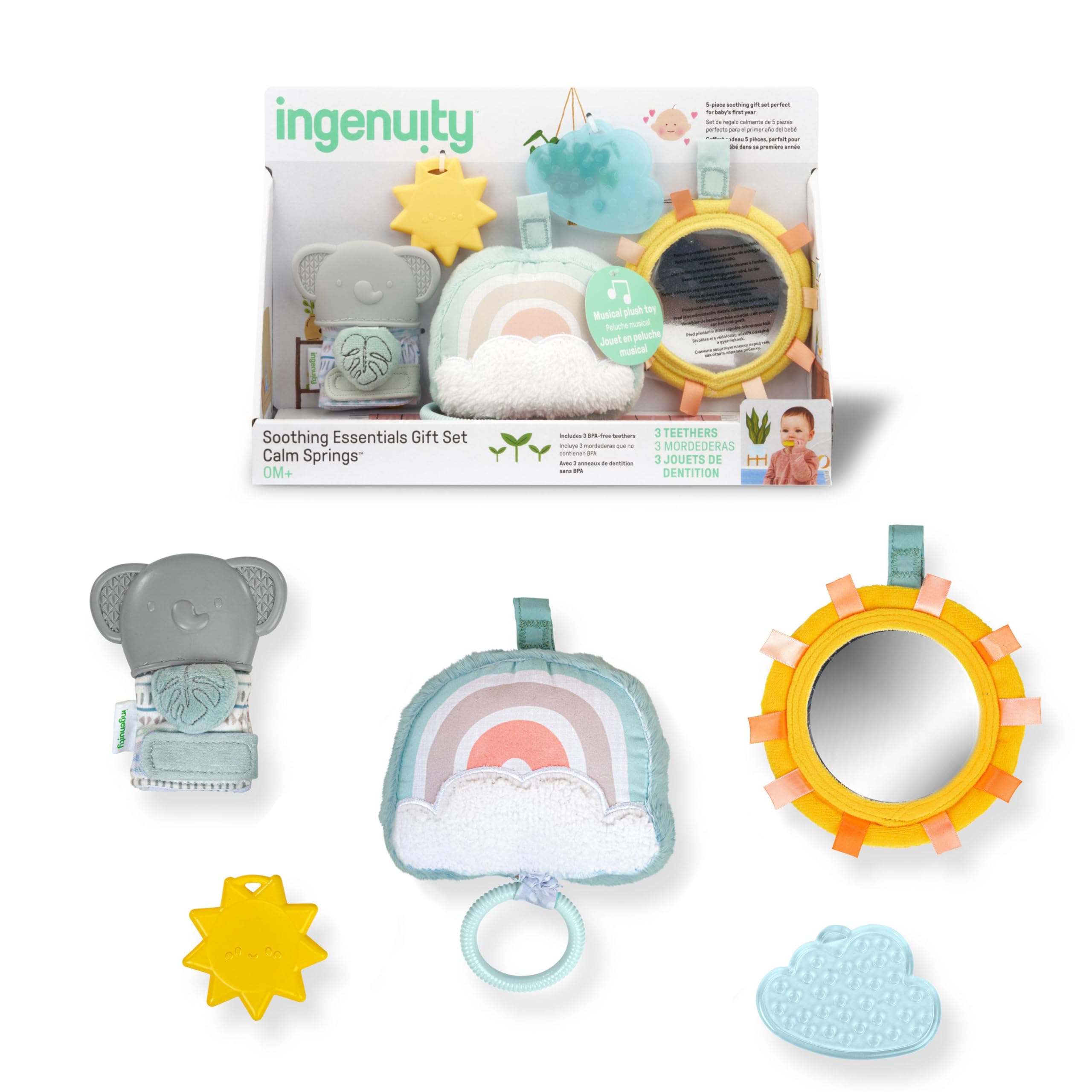 Ingenuity Calm Springs Soothing Essentials Gift Set​ - Musical Toy, Rattle, Mirror, 2 Teethers for Baby