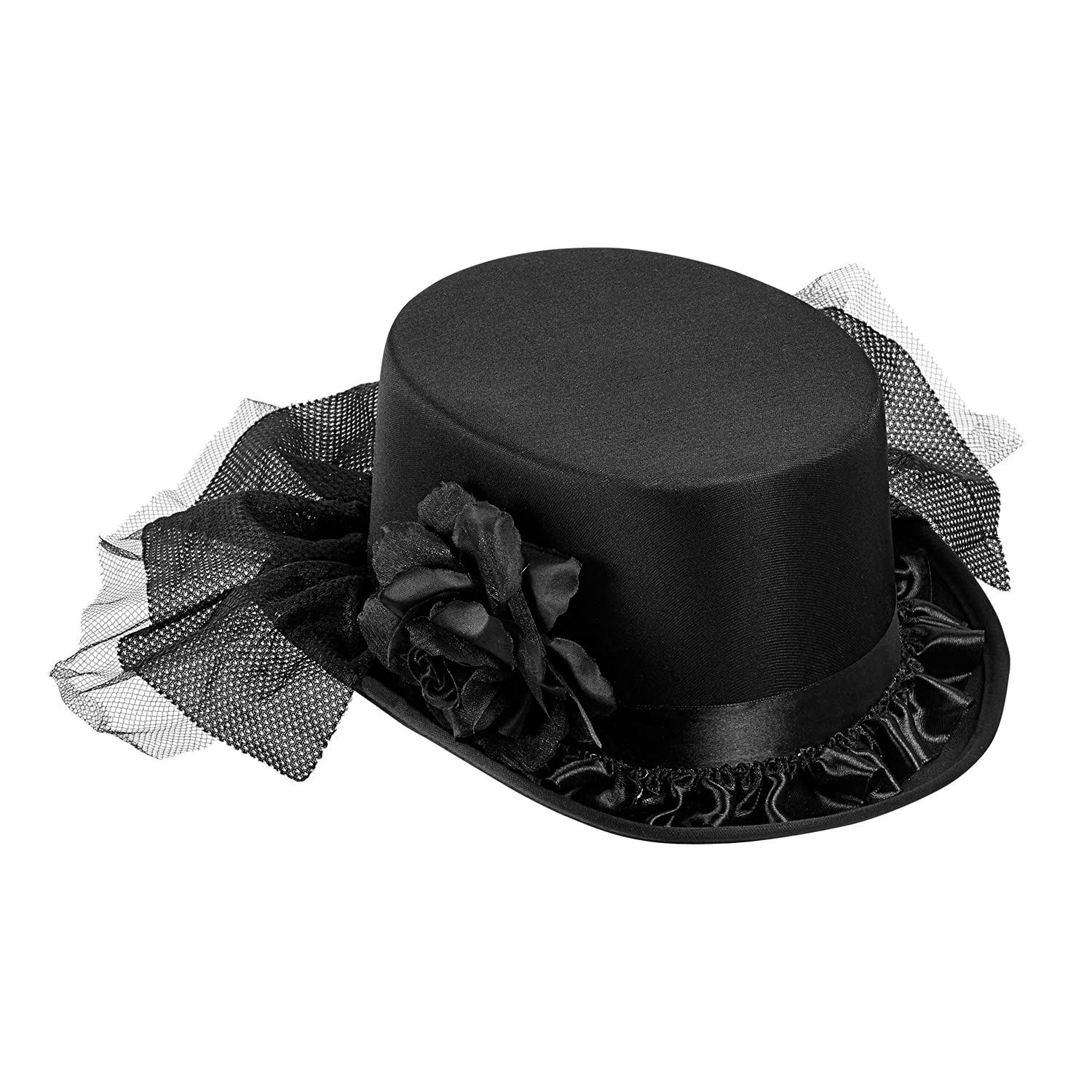 W WIDMANN MILANO Party Fashion - Top Hat with Black Rose and Tulle for Women, Felt, 18th Century, 19th Century, Noble, Wild West, Gothic, Halloween, Carnival, Theme Parties, Black