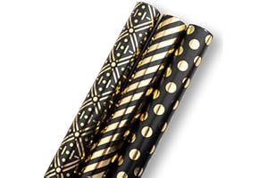 Flyhill Gold and Black Wrapping Paper Mini Roll-3 Roll-42.5 sqft.ttl(17inch x 120 inch) Per Roll- 3 Pattern Designs with Gold Dot,Stripe,Geometry for Birthday,Holiday,Wedding,Baby Shower
